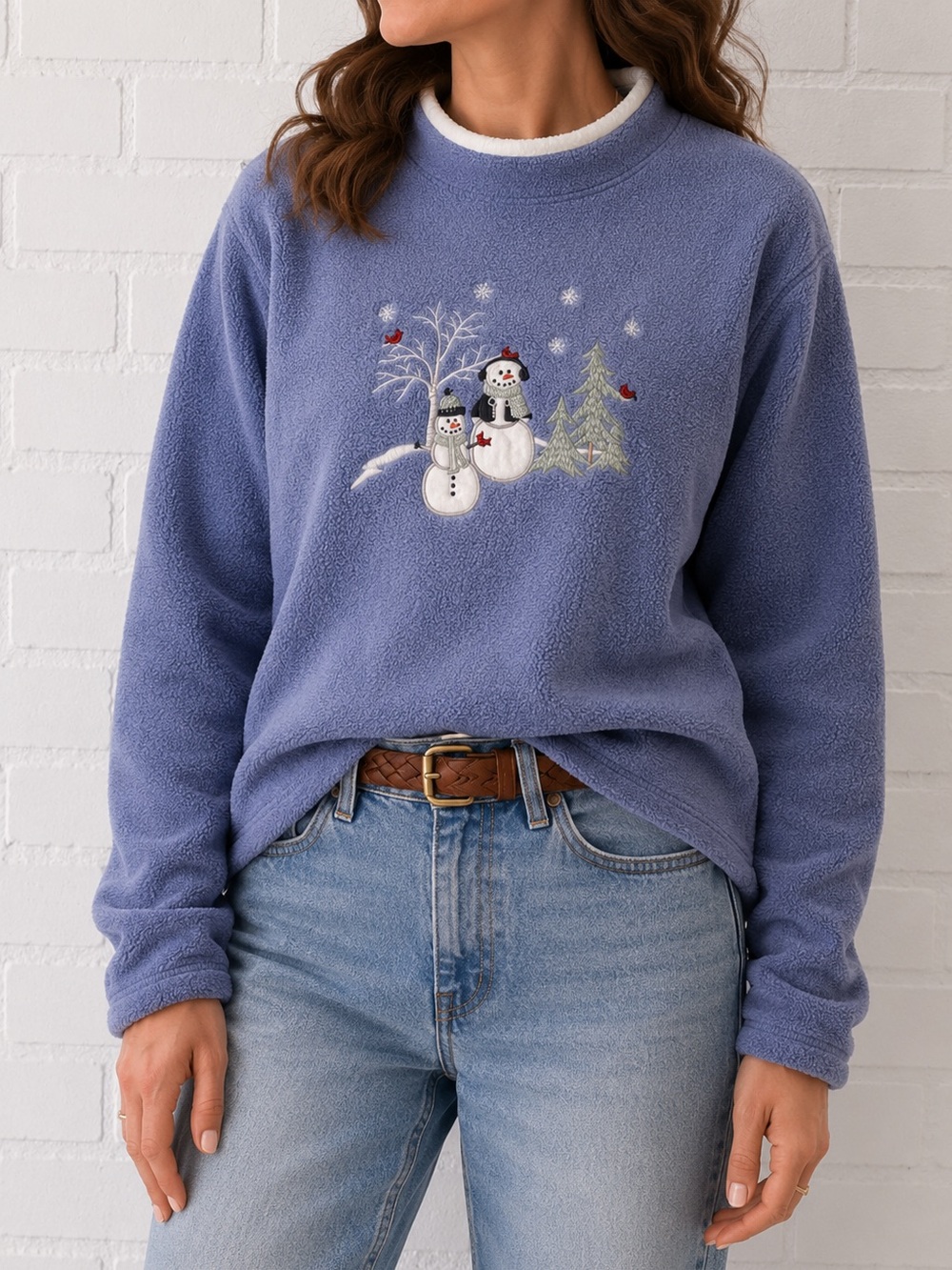 Vintage Croft & Barrow Christmas Snowman Embroidered Fleece Pullover Small